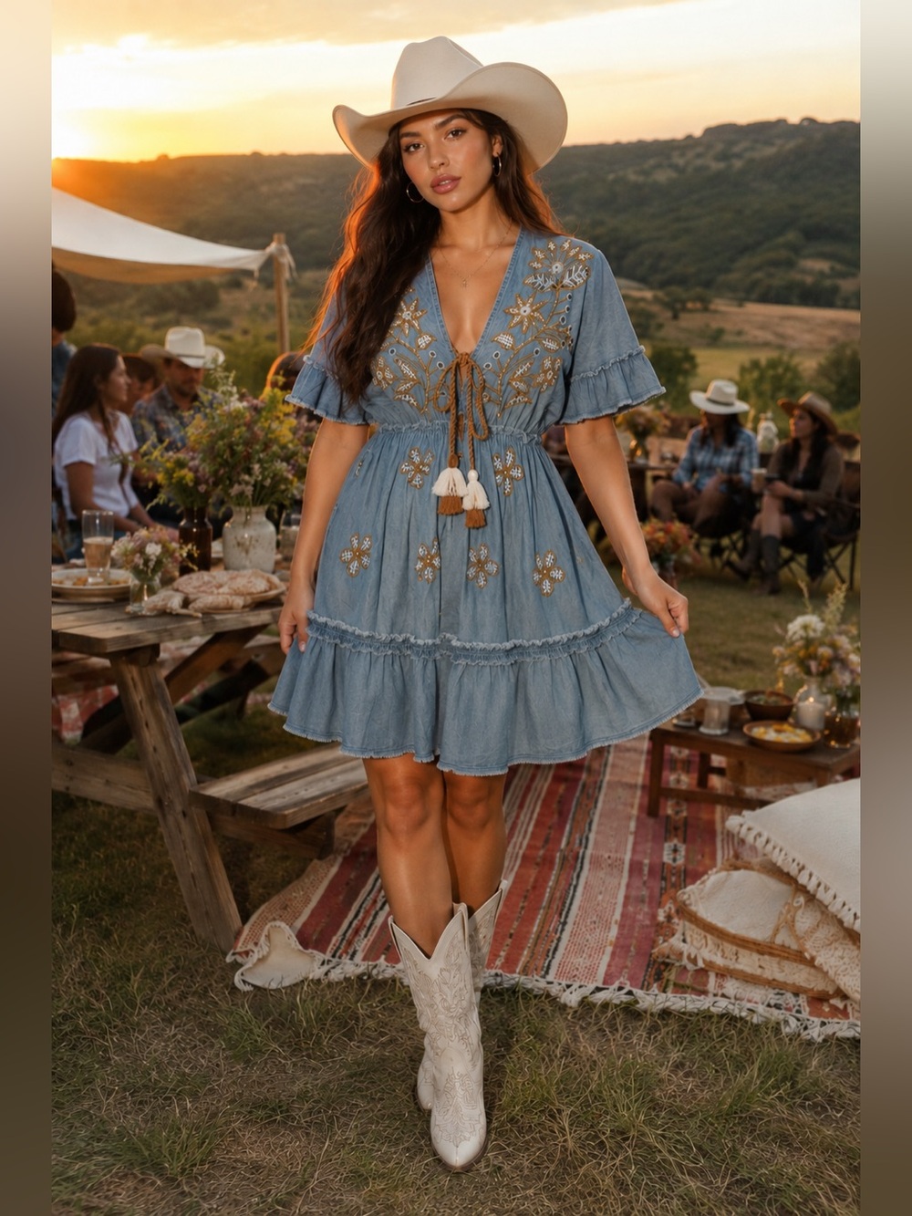 NWT Beautiful Chambray Blue Dress with Floral Embroidery and Mirror Detail